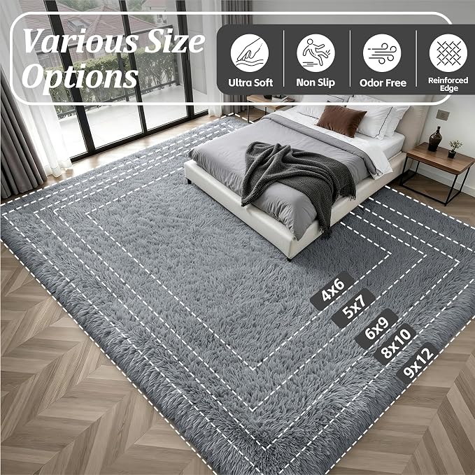 8x10 Area Rugs for Living Room Bedroom: Ultra Soft Fluffy Shag Rug Upgrade Non-Slip Non-Shedding Large Fuzzy Plush Carpet Indoor Floor Carpets for Kids Room Playroom Nursery Dorms Home Light Gray