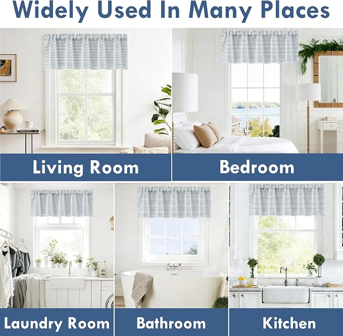 DriftAway Blackout Linen Ticking Striped Curtain Valance 18 Inches Navy | Double Layer Farmhouse Country Rustic Stripe Yarn Dyed Woven Thermal Insulated Rod Pocket Valance for Living Room