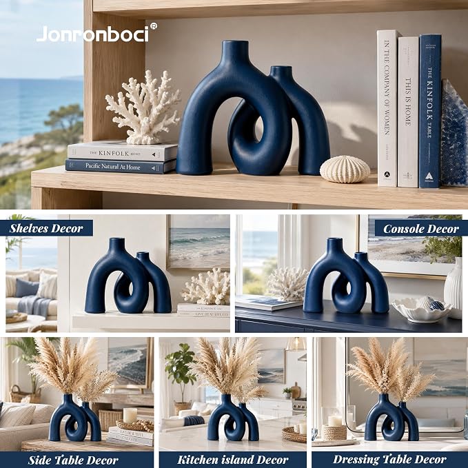 Hug Donut Decorative Vase Set - Navy Blue Vase, Modern Coastal Style Vases Home Decor, Matte Ceramic Decorations for Living Room Shelf, Bookshelf Mantle Entryway Table or Console Décor (Navy Blue)