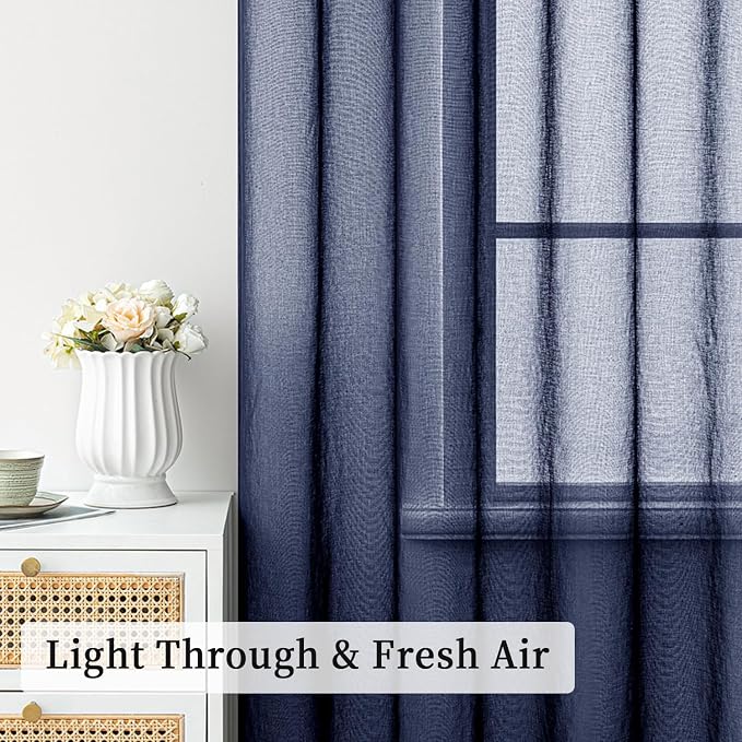 MIULEE 2 Panels Navy Dark Blue Sheer Window Curtains Elegant Grommet Top Window Voile Drapes/Treatment Linen Textured Panels for Bedroom Living Room (54X96 Inches)
