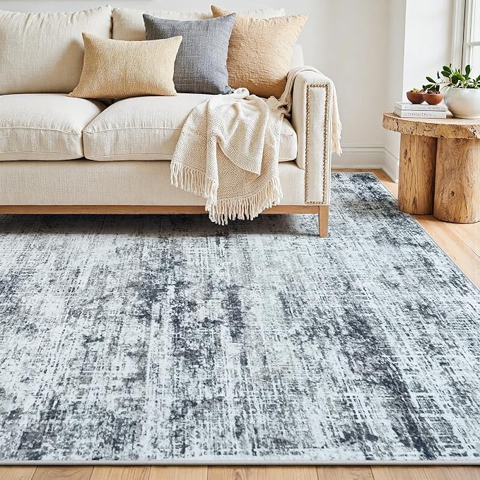 5x7 Area Rugs Washable Rug: Anti-Skid Abstract Modern Living Room Rug Soft Thin Carpets Indoor Floor Non-Shedding Carpet for Bedroom Dining Farmhouse Nursery Home Office (Black/Grey/White,5'x7')