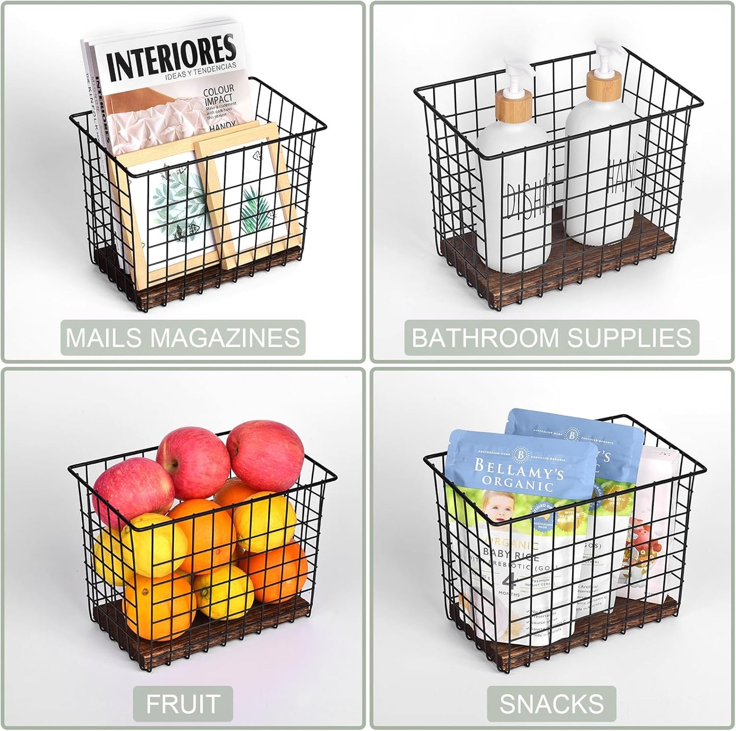 Wall Hanging Baskets 3 Pack, Large Diversified Wire Basket Shelves of Wooden Style, with Wall Mounted Metal Hooks & Traceless Stickers, for Kitchen Coffee Bar Office Room Garage Storage Organization