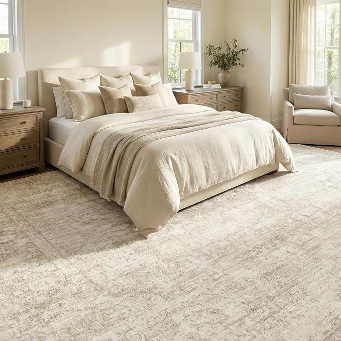 Homemate Washable Rug 10x12 Area Rugs - Vintage Faux Wool Rugs for Living Room Bedroom Dining Room - Non Slip Foldable Carpet Indoor Area Rug for Home Decor(10'x12', Beige