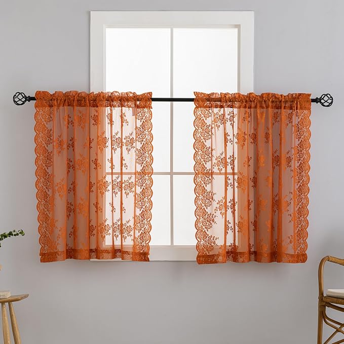 Kotile Burnt Orange Sheer Curtains 36 Inch Length 2 Panels, Country Rustic Floral Short Fall Curtains for Kitchen Window, Rod Pocket Privacy Sheer Lace Curtain Short, 42 x 36 Inch Each, Burnt Orange