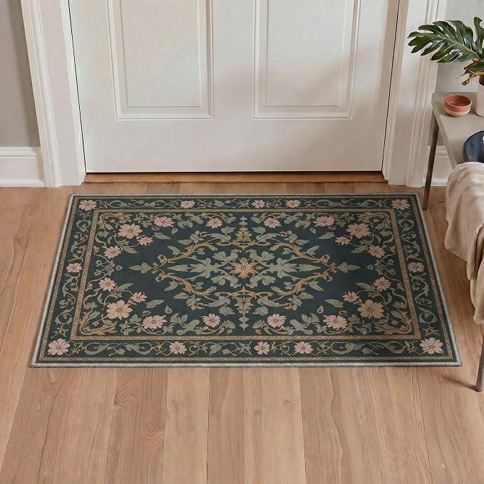 Bavni 2x5 Rug Runners for Hallways, Washable Runner Rug Non Slip, Vintage Floral Oriental Floral Rugs for Bedroom, Lightweight Low Pile Carpet for Hallways Bathroom, Dusty Charcoal