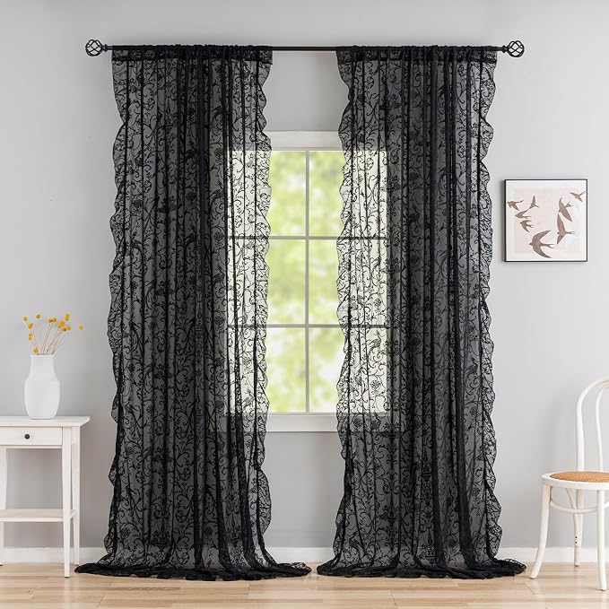 TUDECO Black Gothic Curtains for Bedroom -Whimsy Sheer Lace Curtains 72 Inch Length, Vintage Floral Moody Privacy Rod Pocket Light Flitering Lace Drapes 2 Panels, 59W x 72L Inch