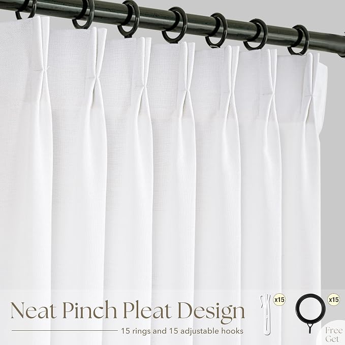 White Pinch Pleated Linen Curtains 132 Inch Length 2 Panels for Living Room Bedroom Textured WhiteSemi Sheer Drapes Pinch Pleat Rings Window Curtain 40x132
