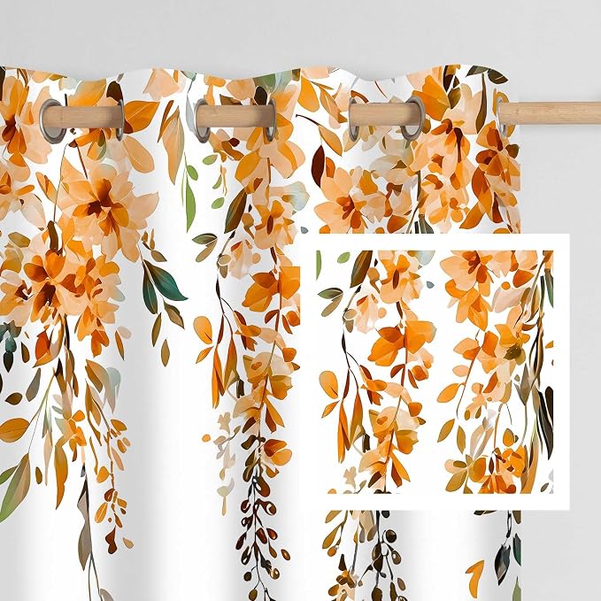 Orange Watercolor Floral Curtains, Botanical Leaves Vine Flowers Curtain, Rustic Farmhouse Flower Leaf Blackout Window Treatment Drapes for Bedroom Living Room 52x72 inch, 2 Panels