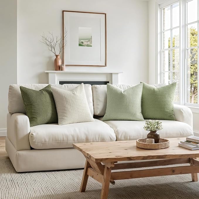 MIULEE Farmhouse Decorative Pillow Covers 20x20 Inch Set of 4 Light Green | Modern Natural Rustic Throw Pillows Neutral Warm Soft Corduroy Couch Pillowcases Home Decor for Sofa Living Room Bed