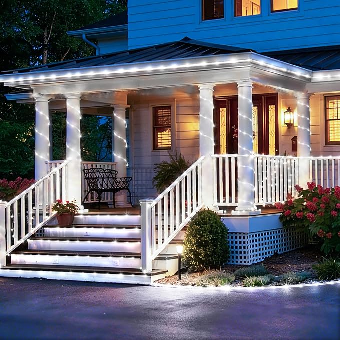 KNONEW Solar Rope Lights Outdoor 2 Packs Total 600LED 100FT Solar String Light Outside Waterproof with 8 Modes Clear Thin Tube for Pool Patio Garden Fence Camping Yard Deck Trampoline(Cool White)