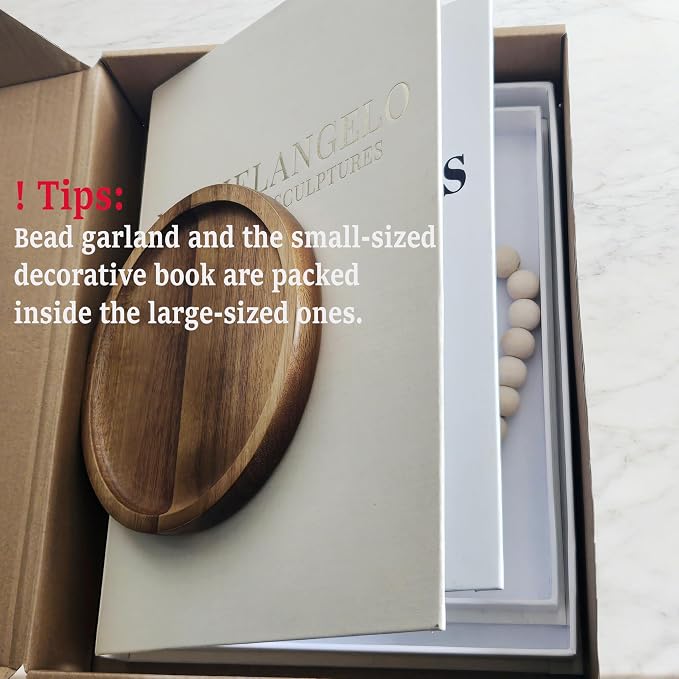 4-in-1 Decorative Books Set, Coffee Table Books Decor, 2 Linen Fake Book Boxes with Wood Tray, Bead Garland for Decoration, Bookshelf Boho Neutral Aesthetic Decor