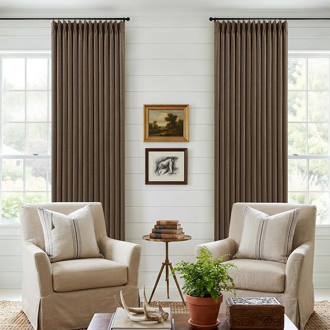 120 Inch Pinch Pleat Drapes Brown Room Darkening Curtains 120 Inches Long for Bedroom Rustic Cottagecore 100% Blackout Thick Linen Double Layer Pleated Curtain 2 Panels Set Dutch Cocoa Decor