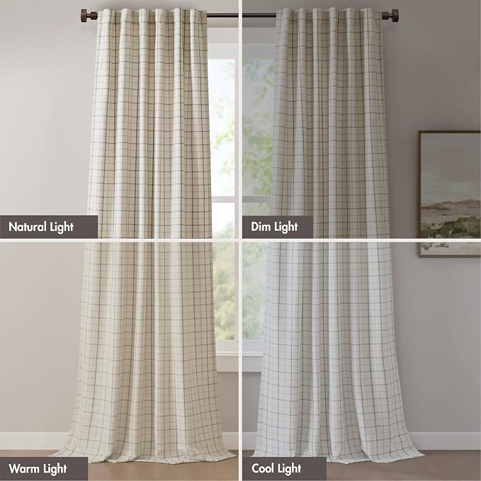 Madison Park Anaheim Cabin Plaid Curtain Window, Thermal Insulated Fleece Lining, Living Room Decor Room Darkening Drape for Bedroom, 1-Single Panel Pack, 50x95, Rod Pocket & Front Tab, Neutral