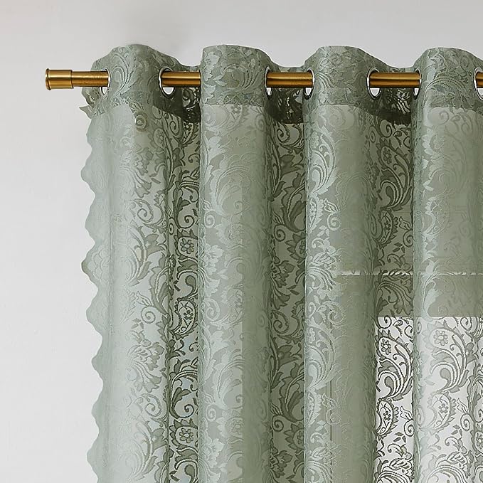 Bujasso Sage Green Lace Sheer Curtains for Bedroom Living Room Vintage Floral Embroidered Window Drapes with Scalloped Edge,Light Filtering&Privacy,Grommet Top 2 Panels 52Wx90L Inches