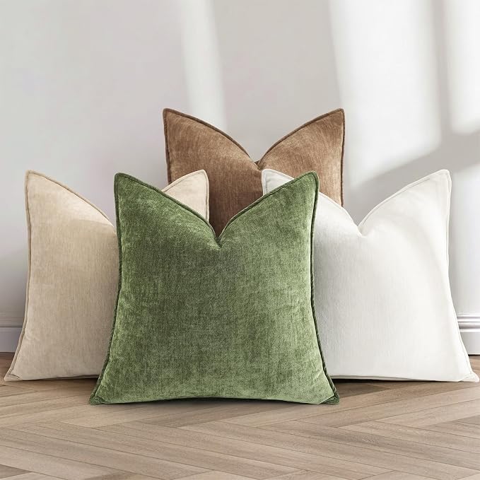 decorUhome Fall Couch Throw Pillow Covers 20x20 Set of 2, Decorative Soft Velvet Modern Cozy Chenille Pillow Cases with Elegant Design for Sofa Bed Living Room Home Decor, Olive Green