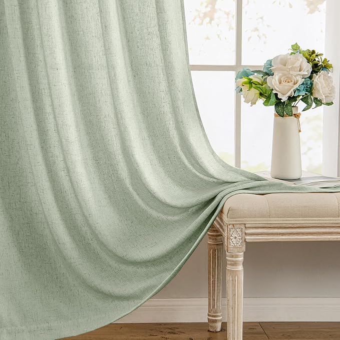 MIULEE Non-See-Through Privacy Linen Curtains 2 Panels, Light Filtering Window Curtains Farnhouse Textured Back Tab Semi Sheer Drapes for Bedroom Living Room, 52 x 63 Inches Long, Sage Green