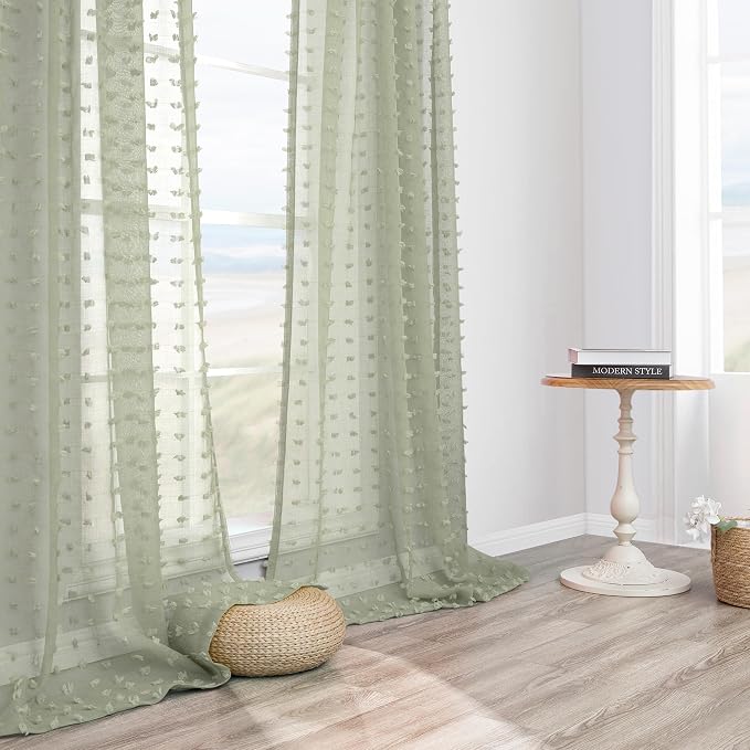 DANCURTON Sage Green Sheer Curtains 84 Inch Length 2 Panels Boho Pom Pom Sheer Window Drapes for Living Room Bedroom Design Back Tab Farmhouse Vintage Rustic Greyish Green Spring Decor Curtain 52x84