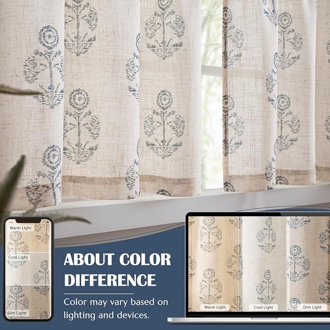jinchan Linen Kitchen Curtains 24 Inch Floral Tier Curtains Farmhouse Cottage Core Flax Cafe Rod Pocket Country Small Window Drapes for Laundry Room Bathroom RV 2 Panels Blue on Beige