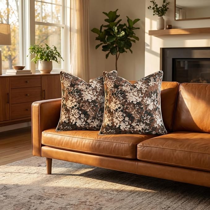 Vintage Floral Throw Pillow Covers 12x20 Inches Set of 2 Lumbar Boho Pillow Cases Premium Chenille Textured Decorative Cushion Covers for Couch Retro Garden Farmhouse Style Brown