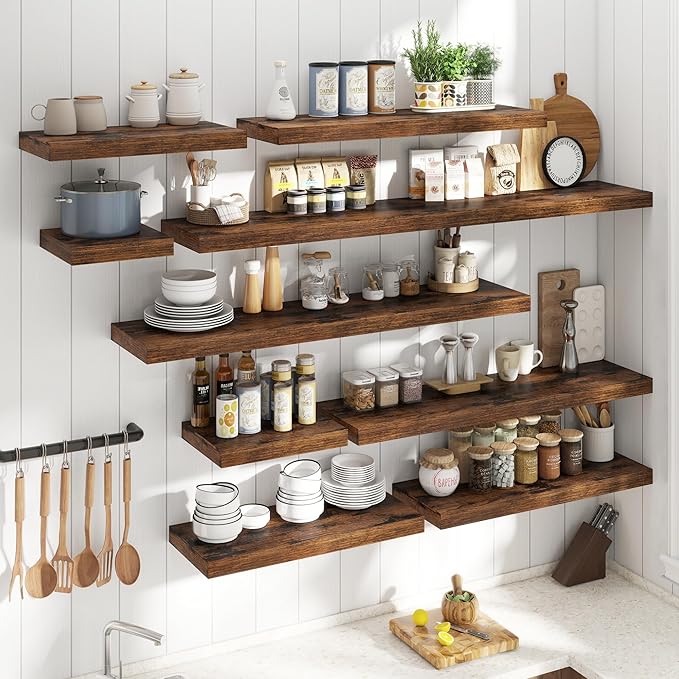 36 Inch Floating Shelves for Wall 2 Pack, 12"D Wood Grain Bathroom Shelves with Invisible Brackets, Easy Install Engineered Wood Storage Shelves for Kitchen, Living Room, Bedroom, Rustic Brown Finish