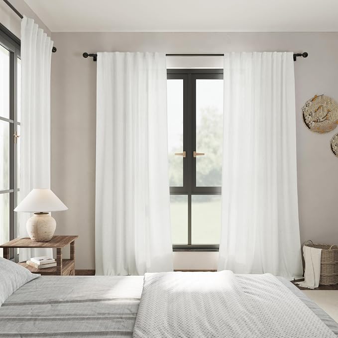 Nanspring Ivory Curtains 80 Inches Length for Living Room Back Tab Rod Pocket Semi Sheer Linen Drapes Muted Neutral Boho Off White Linen Textured Window Curtain for Dining Room 52X80 Inches