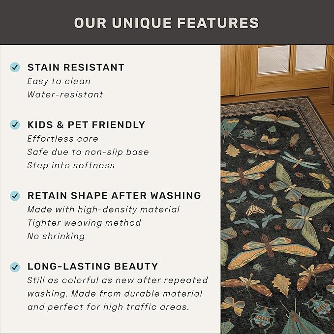 Hazo Haus Large Black Rug for Living Room - Area Rugs 9x12 Dining Room Table, Large Bedroom Under Bed, Unique Insect Bug Home Décor, Foldable Soft Stain Resistant