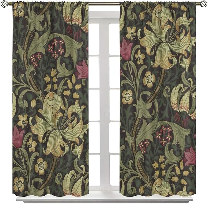 Vintage Flower Blackout Window Curtains, William Morris Style Art Floral Rustic Plant Wildflower Window Drapes, for Living Room Bedroom 31.5(W)*72(L) 2 Panels