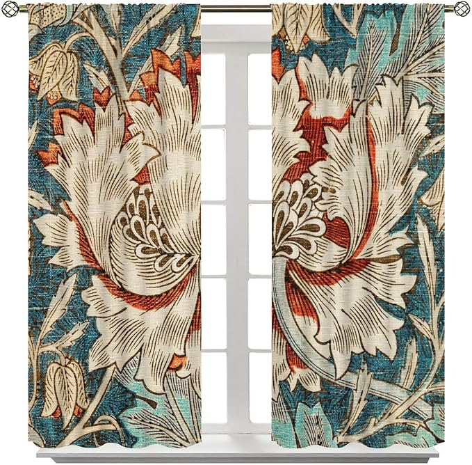 William Morris Plant Floral Blackout Window Curtains, Bohemian Vintage Rustic Flowers William Morris Art Style Window Drapes, for Bedroom Living Room 31.5(W)*72(L) 2 Panels