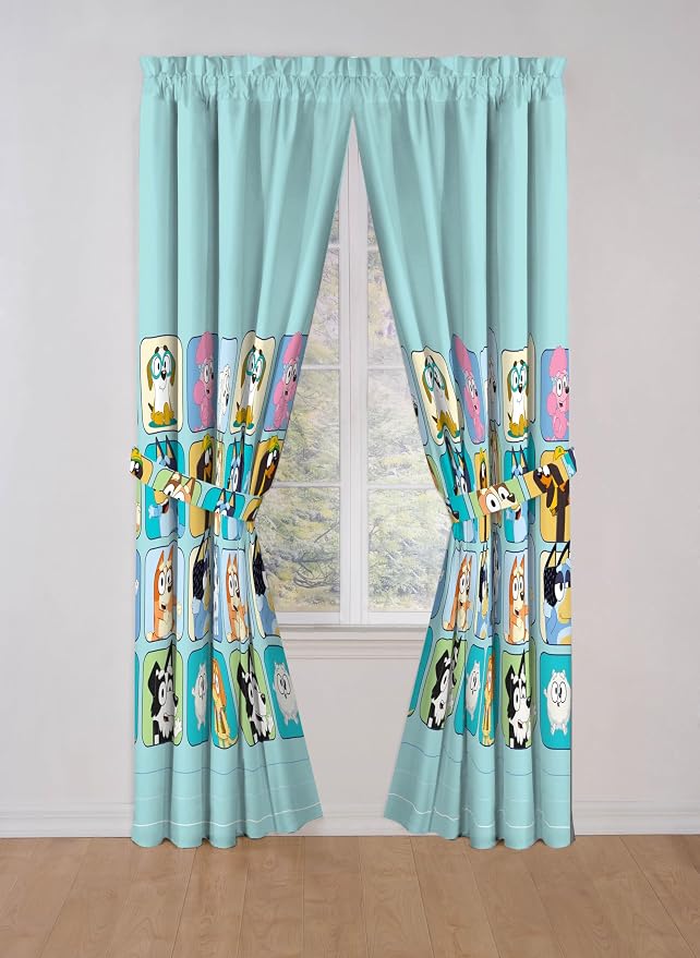 Sunny Side Up Window Curtains for Kids Bedroom 4-Piece Drape Set with 2 Tiebacks, Teal - Bluey, 42" W x 84" L (Pack of 2)