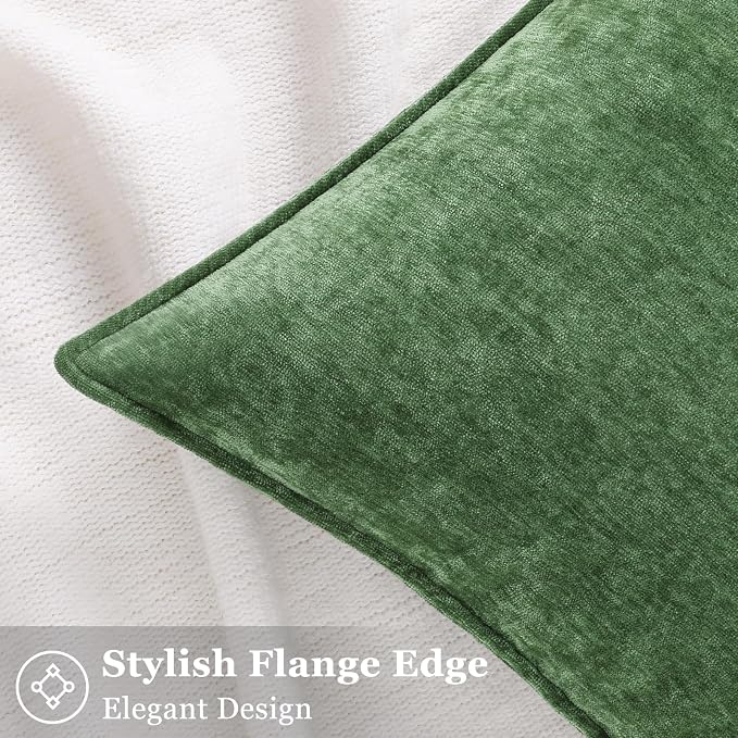 decorUhome Fall Couch Euro Sham Throw Pillow Covers 22x22 Set of 2, Decorative Soft Velvet Modern Cozy Chenille Pillow Cases with Elegant Design for Sofa Bed Living Room Home Decor, Moss Green