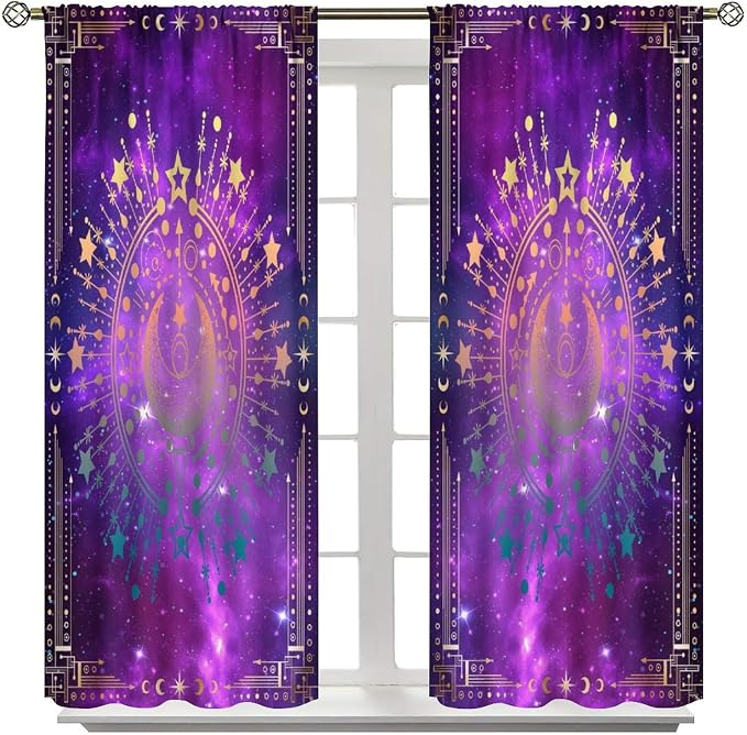Sun Moon Blackout Curtains, Abstract Bohemian Universe Starry Sky Galaxy Mystic Art Window Drapes, for Bedroom Living Room 42" W X 45" L