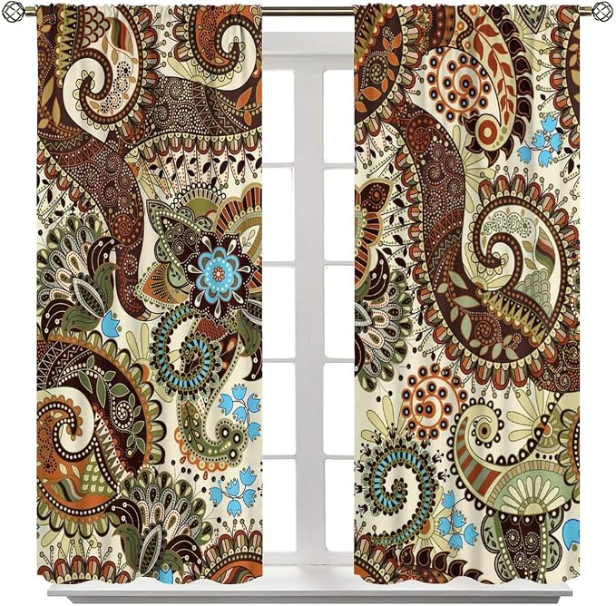 Boho Curtains, Abstract Pelis Boho Brown Vintage Floral Ethnic Tribal Blossom Print, Blackout Curtains for Bedroom Living Room63X72 Inch