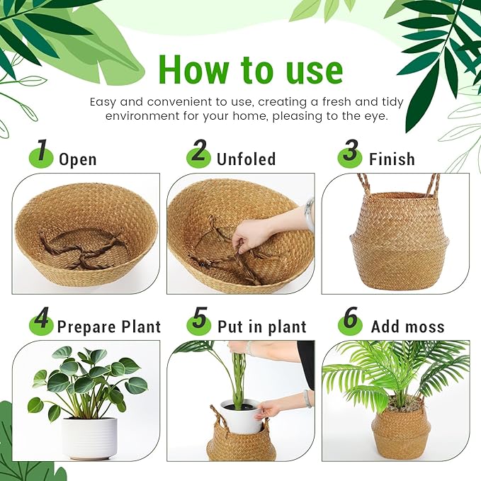 Knitgrip Large Wicker Plant Basket with Handle 10 Inch Woven Seagrass Belly Basket and Artificial Moss for House Plants Picnic Grocery Laundry Storage Home Decor(Large,Original,1 Pack)