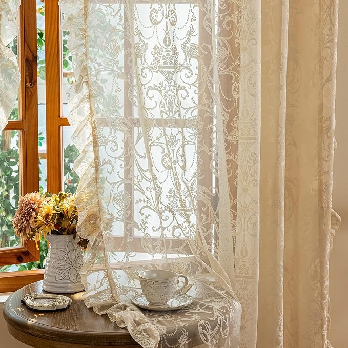 TUDECO Beige Lace Curtains for Bedroom - Floral Sheer Boho Crochet Curtains 63 Inch Length, Natural Ruffle Short Rod Pocket Light Filtering Window Treatment Grandma Core Decor, 59 x 63 Inch