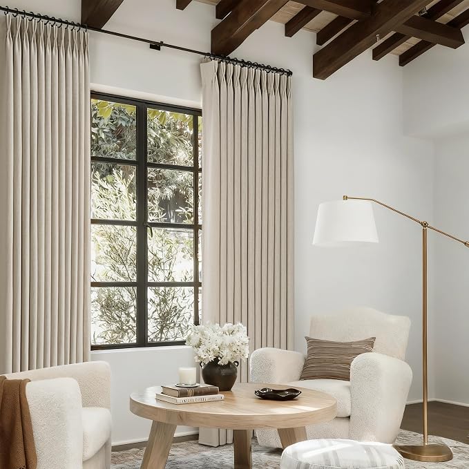 Taupe Linen Curtains 102 inch Length 2 Panels for Living Room Light Filtering Semi Sheer Pleated Curtains with Hooks Burlap Textured Neutral Country Rustic Curtain Drapes Ceiling Floor Extra Long 102
