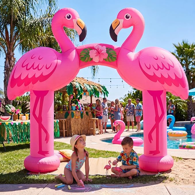 Seenelling 10 FT Inflatable Pink Flamingos Archway Decor Giant Summer Flamingos Arch Built-in LED Lights for Built-in LED Lights for Summer Beach Luau Tiki Theme Pool Party Yard Lawn Decorations