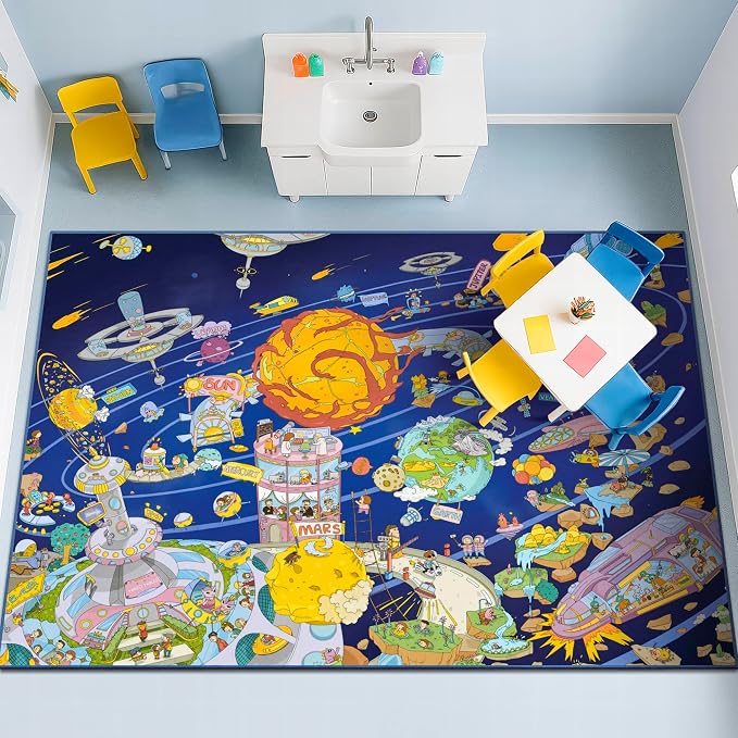 Hazo Haus Galaxy 8x10 Educational Kids Rug for Classroom – Interactive Solar System Design with Planets, Spaceships, Astronauts & Fun Characters – Perfect for STEM Learning & Creative Play Spaces