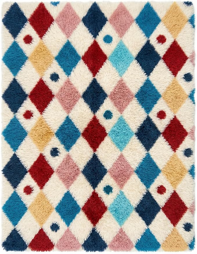 PureCozy Checkered Rug 5x8 Fluffy Shag Living Room Colorful Area Rug Modern Washable Carpet Soft Shaggy Non Slip Indoor Plush Fuzzy Rugs for Bedroom Dorm Office Home Aesthetic Decor