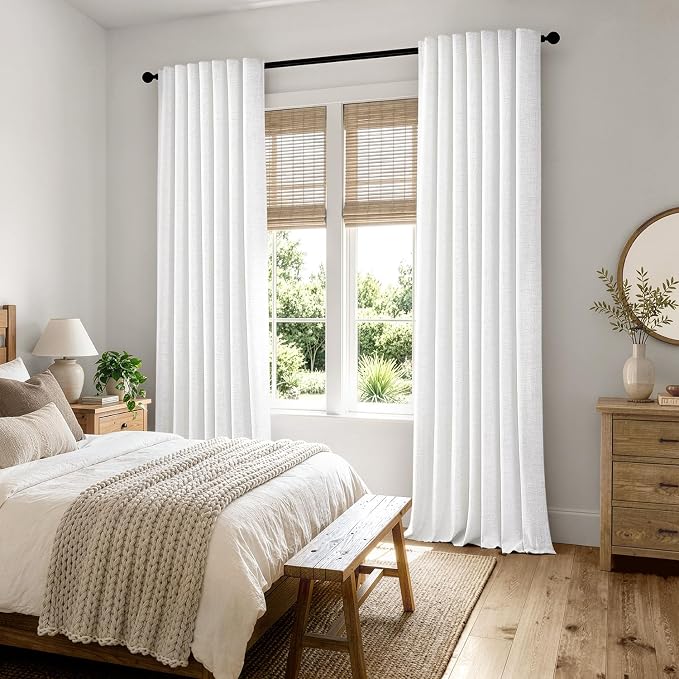 MIULEE 100% Blackout Linen Curtains for Bedroom, Bright White Solid Luxury Decor Thermal Insulation Room Darkening Drapes for Living Room Back Tab Rod Pocket 42 x 96 Inches, 2 Panels