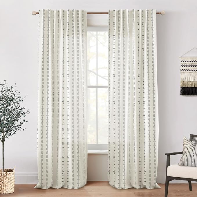 Rustic Farmhouse Black and Beige White Curtains for Living Room, Boho Striped Linen Patterned Floor to Ceiling Drapes 96 Inch Long 2 Panel Set