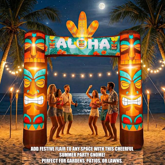 Jenaai 9.5 FT Giant Tiki Themed Inflatable, LED Blow up Tiki Arch for Party, Luau Hawaiian Tropical Beach Party Decorations for Summer Pool Yard Garden Favors Supplies