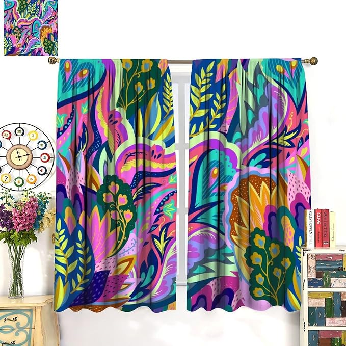 Vintage Dreamy Black Blackout Curtains Featuring Vibrant Bohemian Floral and Swirl Patterns, Ideal for Heat Insulation and Noise Reduction in Bedrooms and Living Rooms42X54 Inch
