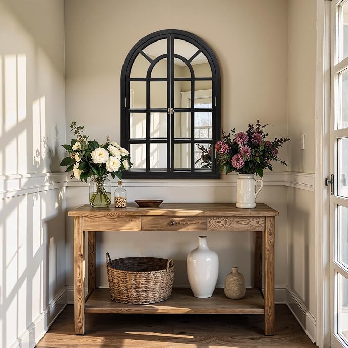 Arched Window Mirrors for Wall, Wooden Rustic Farmhouse Mirror for Wall Decor 24 x 36 Black, Decorative Wall Mirror Arch for Living Room, Bedroom, Bathroom, Fireplace, Farmhouse