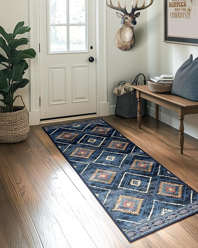 BESTSWEETIE Area Rug 2x10 Rug Machine Washable Non-Slip Low Pile Print Pattern Western Rug for Living Room Bedroom Entryway Tribal Series -Darkblue
