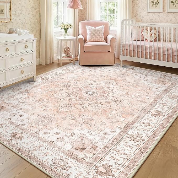 CAPALOCA Machine Washable Rugs Nursery Rug 6x9 Cute Girl Non Slip Low Pile Water Repellent Soft Print Pattern for Bedroom Indoor Decor Kids Playroom Pink