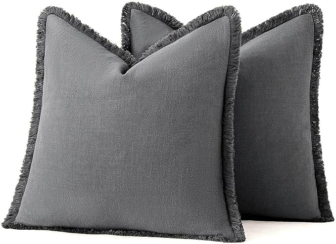 MIULEE Decorative Throw Pillow Covers Neutral Linen Fringe Throw Pillows Euro Shams Set of 2 Dark Grey Boho Farmhouse Cushion Covers for Couch Sofa Bed Living Room Spring Home Decor 24x24 Inch