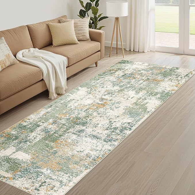 Runner Rug Kitchen Washable Rugs: 2x5 Non-Slip Abstract Soft Modern Stain Resistant Indoor Floor Neutral Accent Throw Carpet for Hallway Bathroom Laundry Room Entryway Bedroom- Green