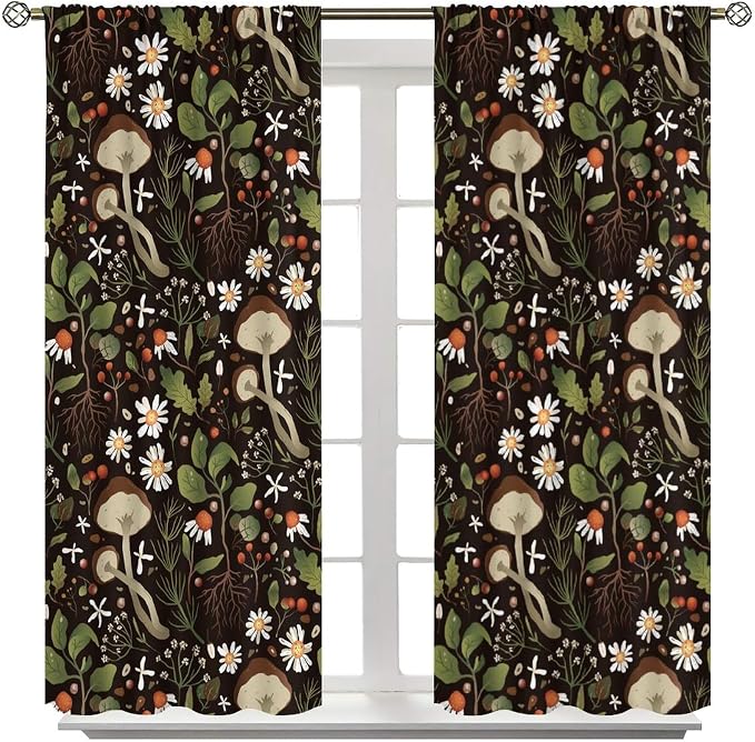 Mushroom Curtains,Green Plant Forest Botanical Print Window Treatments for Bedroom Living Room Kitchen Cartoon Herbs Floral Window Drapes 2 Panels Set,Total Size 72 x 63 Inch