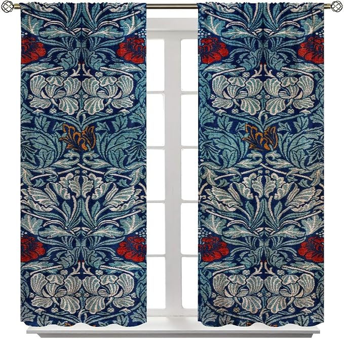 Bohemian William Morris Retro Plant Floral Blackout Window Curtains, Flower Vintage Country Farmhouse Art Window Drapes, for Bedroom Living Room 31.5(W)*72(L) 2 Panels