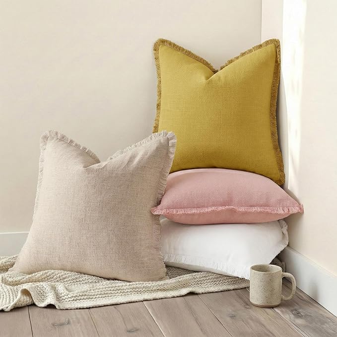 decorUhome Summer Decorative Neutral Linen Fringe Throw Pillow Covers Set of 2 Cream White Pillow Covers with Tassels Soft Farmhouse Boho Accent Pillow Cases for Couch Bed Sofa 20x20 Inch